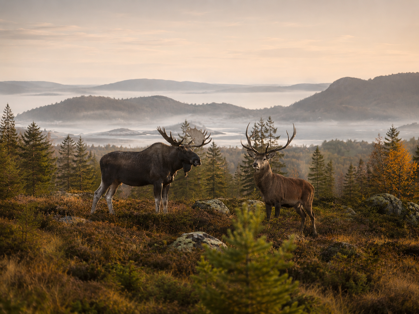 Elg og hjort i et tåkelagt skoglandskap